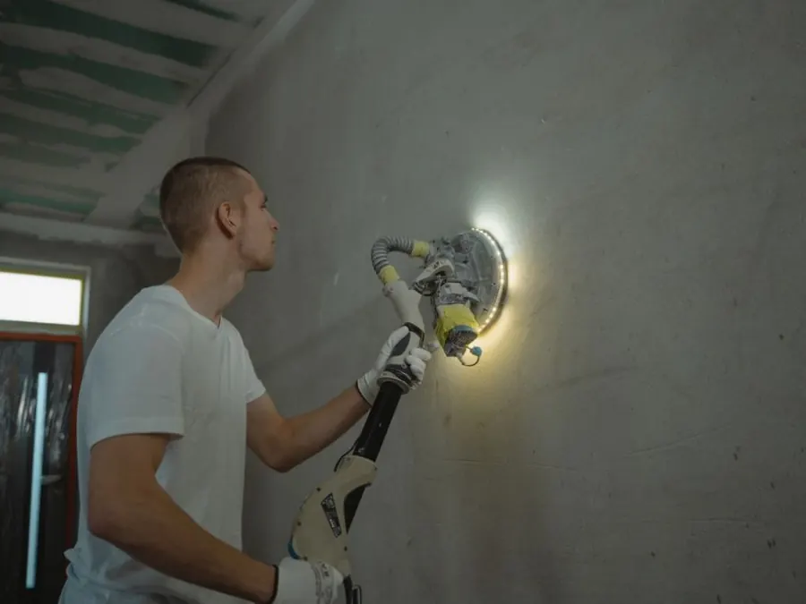 A worker sanding an interior wall with a powered drywall sander — illustrative stock photo
